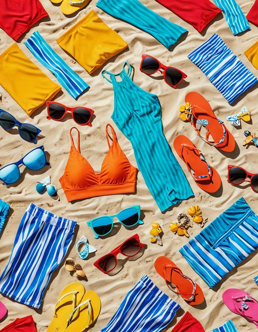 An elegant display of vibrant swimwear choices arranged artfully on a sandy beach, complemented by digital elements representing seamless e-commerce delivery, like shopping carts and delivery trucks. The scene evokes a refreshing summer vibe, blending the beach setting with stylish accessories, such as sunglasses and beach towels. Bright colors emphasize the swimwear while modern delivery icons symbolize convenience. super-realistic. vibrant colors. sunny beach background.